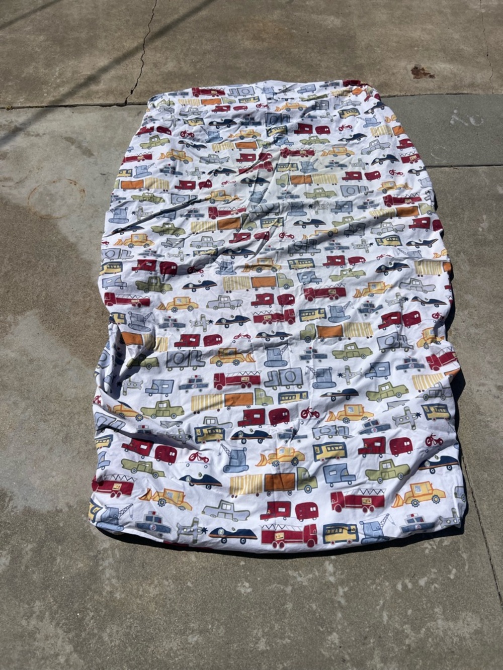 Pottery Barn Kids White Sheet with Red and Blue Vehicle Print